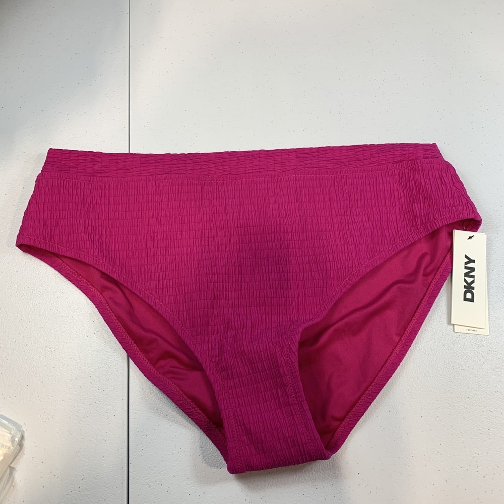 DKNY Women's Swim Bikini Bottoms XL Pink Textured High Waist Tummy Compression